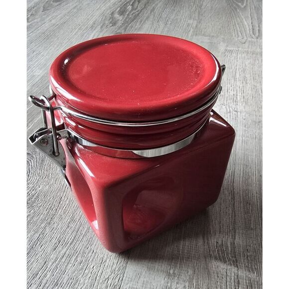 Red Heavy Ceramic Storage Seal Lid Lock Canister w Handle - Picture 1 of 9